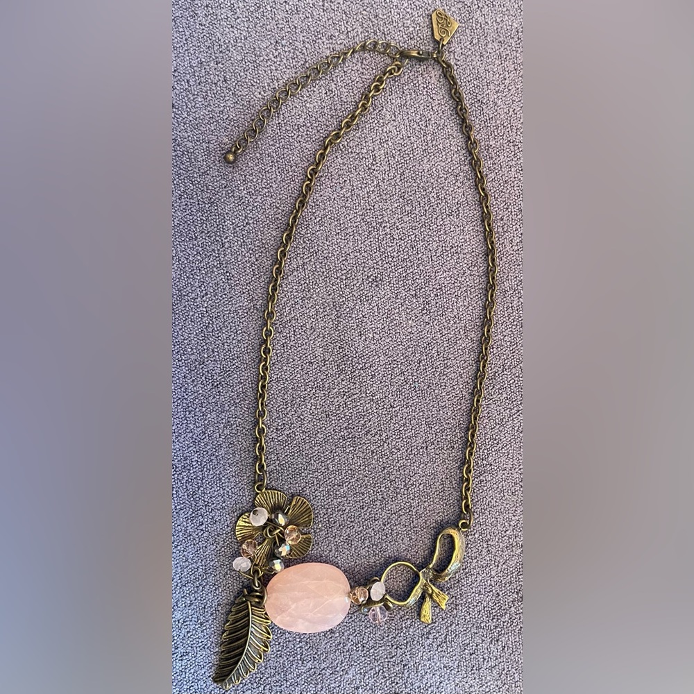 Antiqued-Goldtone PARK LANE Rose Quartz Flower Bow Leaf Charm Necklace